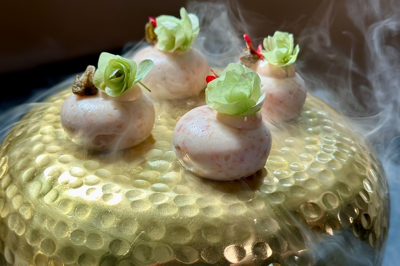 Elements Catering Frankfurt Saibling Praline Nahaufnahme Physalis Blüten Gold