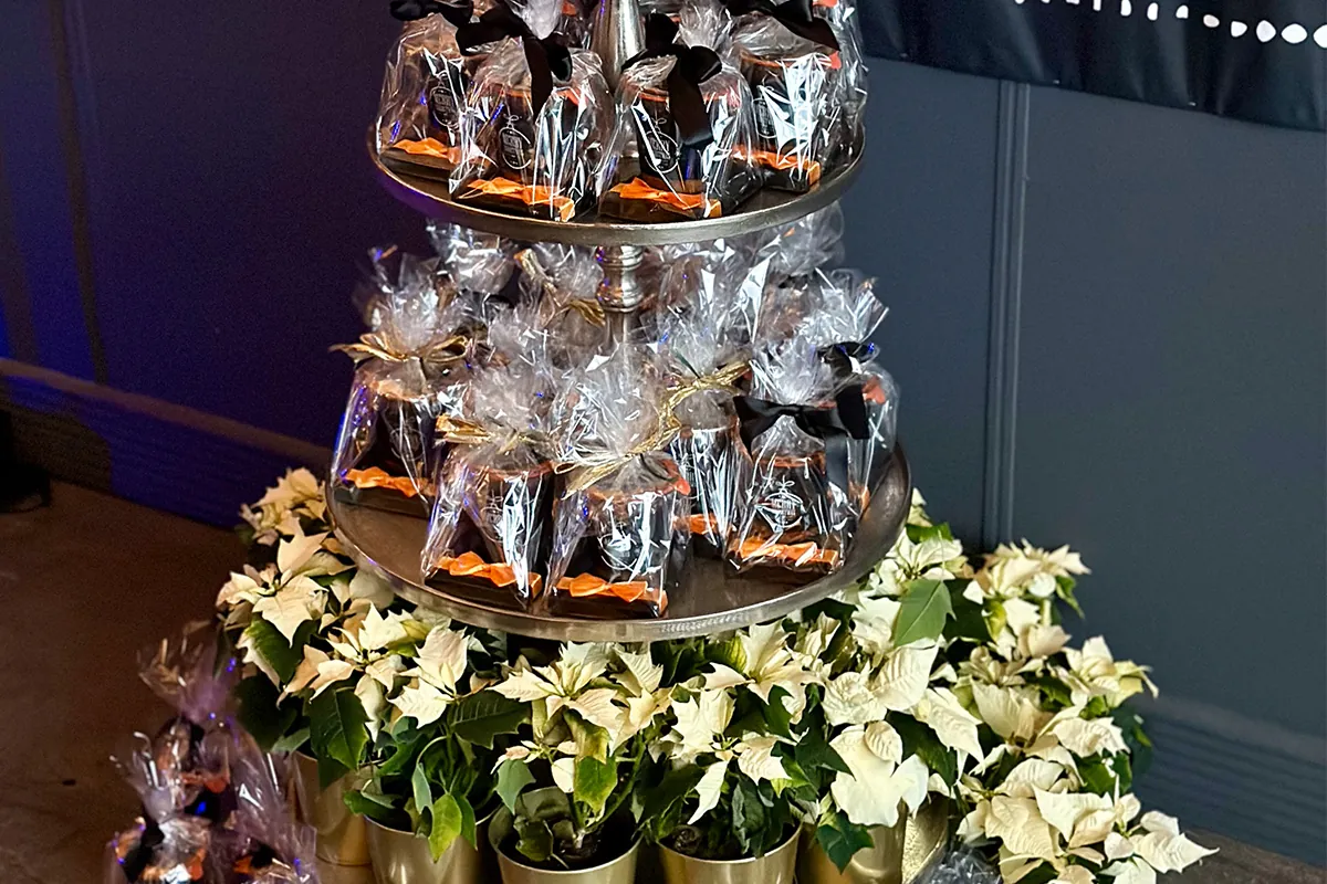Etagere mit verpackten Weihnachtsgeschenken über weißen Weihnachtssternen